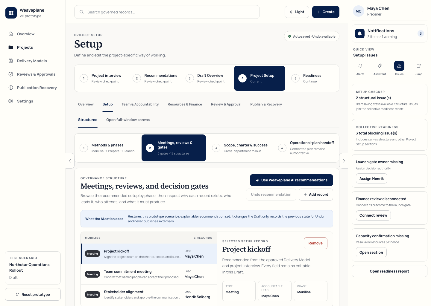 Weaveplane project setup interface